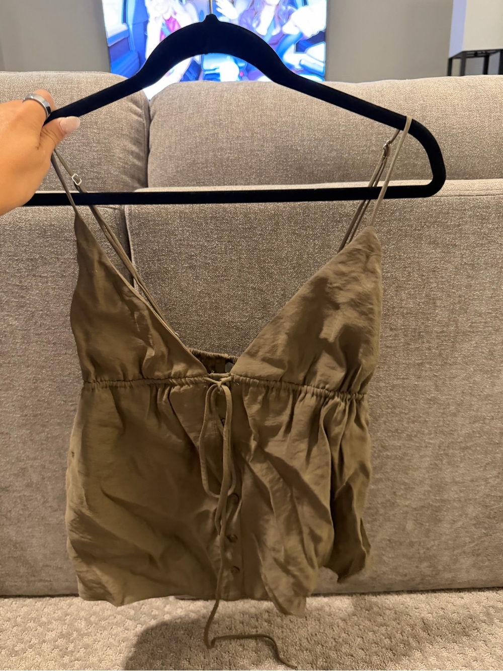 Zara Olive Green Drawstring Spaghetti Strap Tank Top